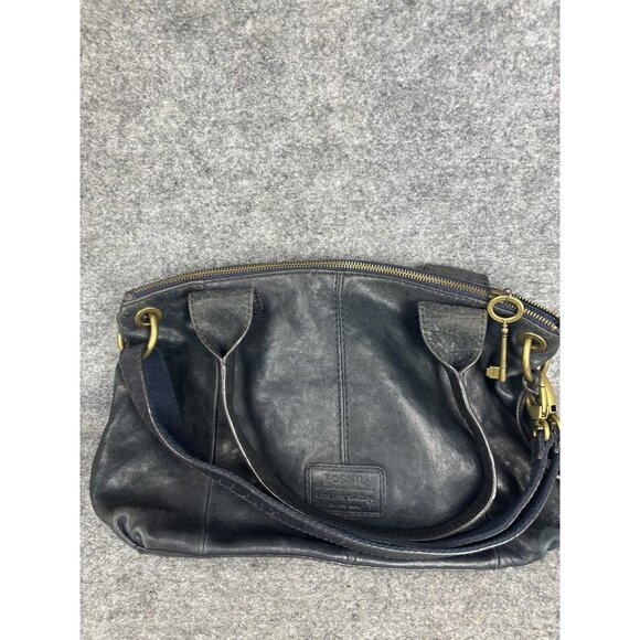 Fossil Leather Shoulder Bag Womens Black Satchel Zip Top Double Front Pockets - Picture 2 of 8